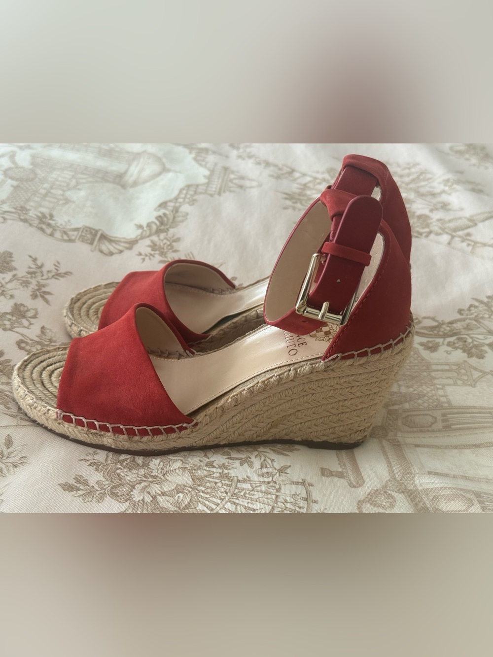 Vince Camuto Crimson Red Suede Espadrille Wedge Sandals with Ankle Strap sz 6.5
